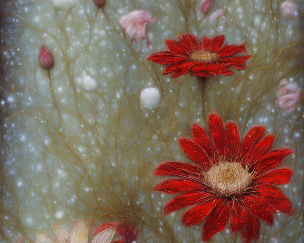 Red and Beige Floral Scene with Abstract White Forms and Golden Tendrils