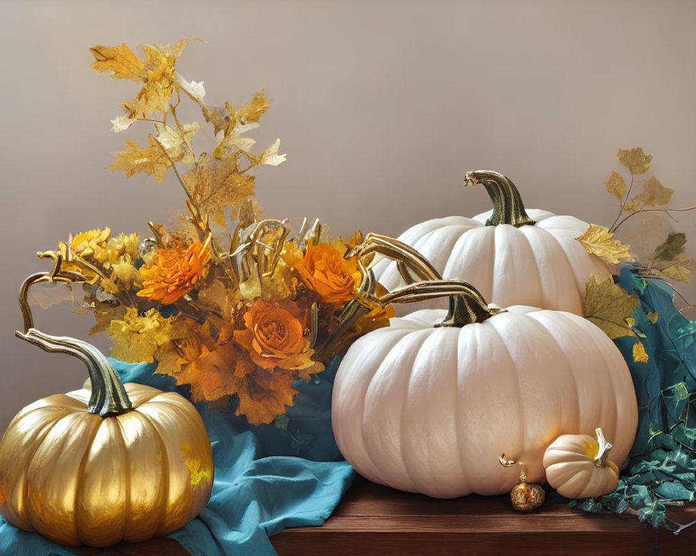 White and Gold Pumpkins with Autumn Leaves and Flowers on Teal Fabric