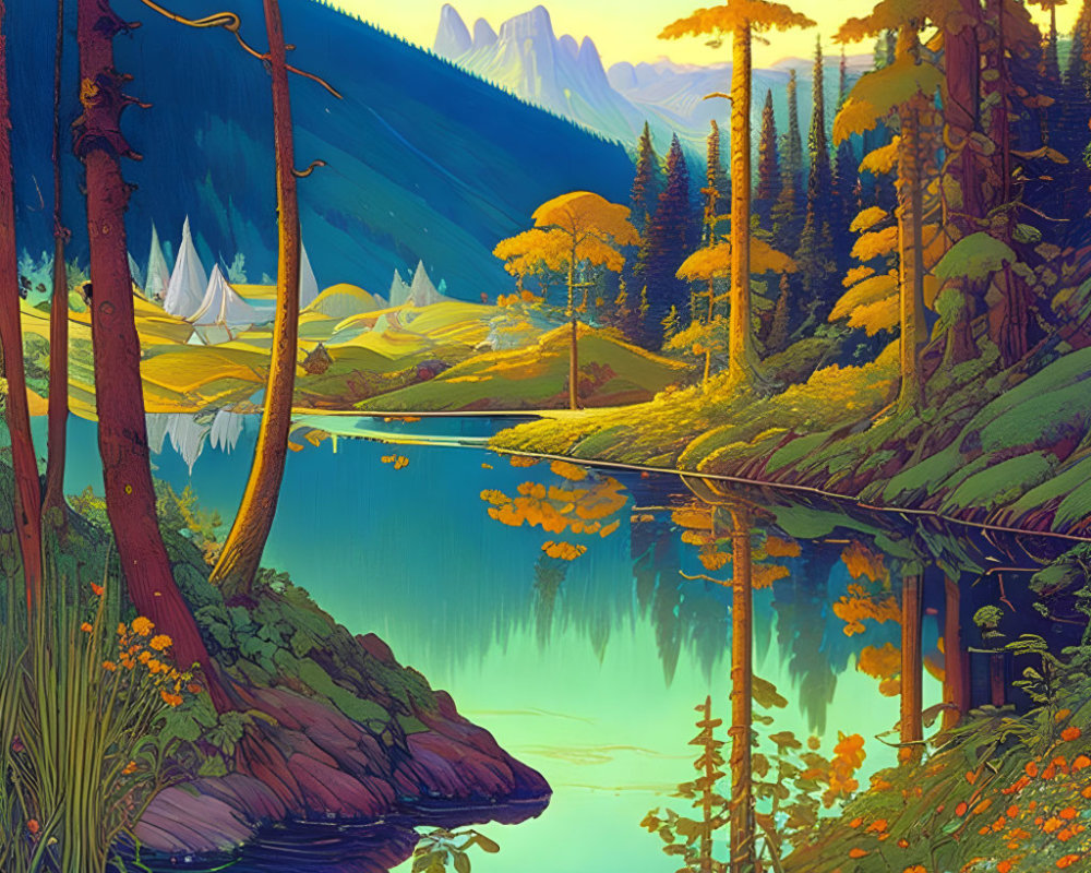 Serene lake with lush trees, mountains, and clear sky illustration