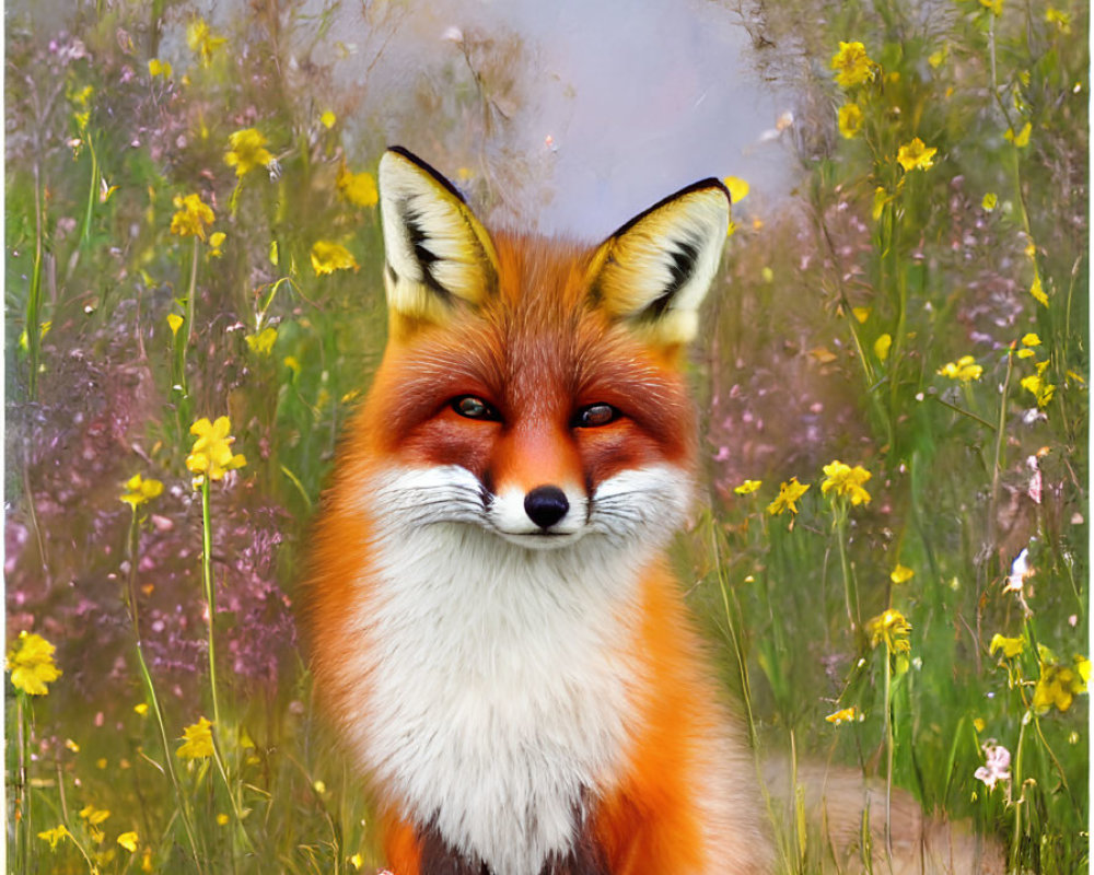 Colorful Fox Sitting in Meadow of Yellow Flowers with Dreamy Background