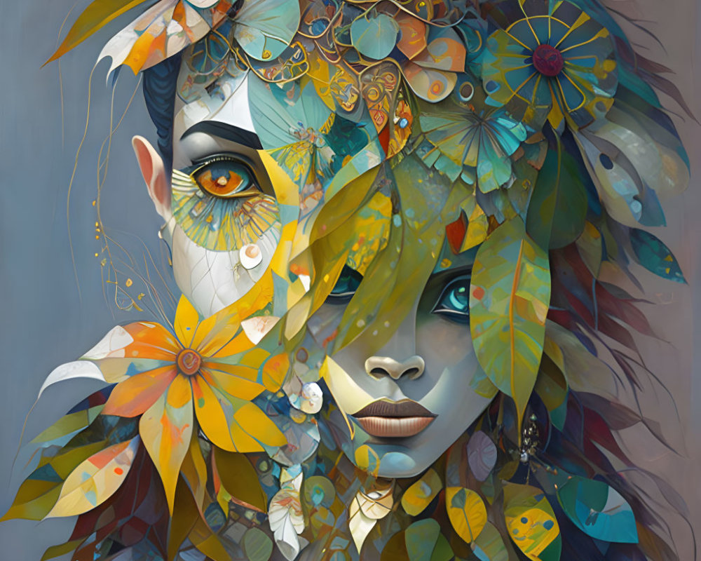 Colorful digital artwork blending woman's face with nature elements