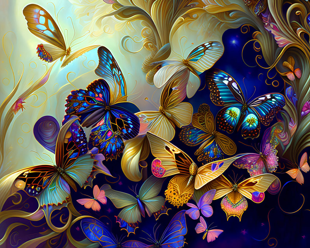 Colorful Butterfly Artwork on Golden and Blue Background