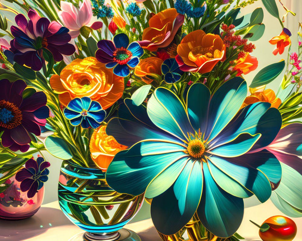 Colorful Oversized Flower Bouquet in Glass Vase with Exaggerated Features