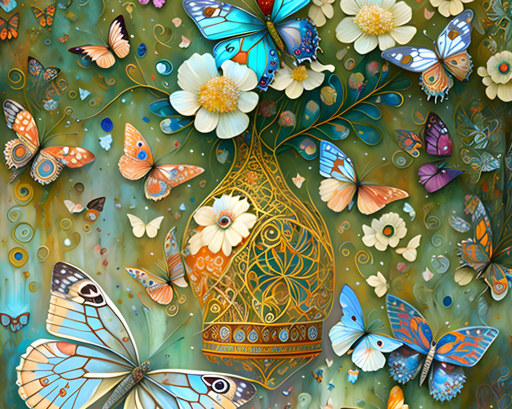 Golden vase with intricate patterns and colorful butterflies among floral blooms