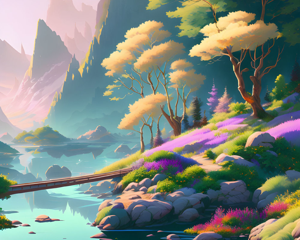 Fantasy landscape with serene lake, vibrant flora, golden trees, and sharp mountain peaks