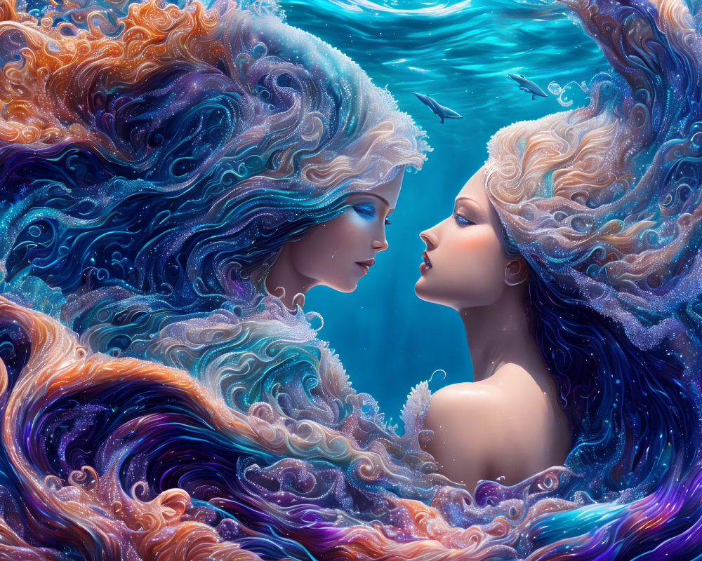Ethereal female figures with colorful ocean wave hair on vibrant blue background
