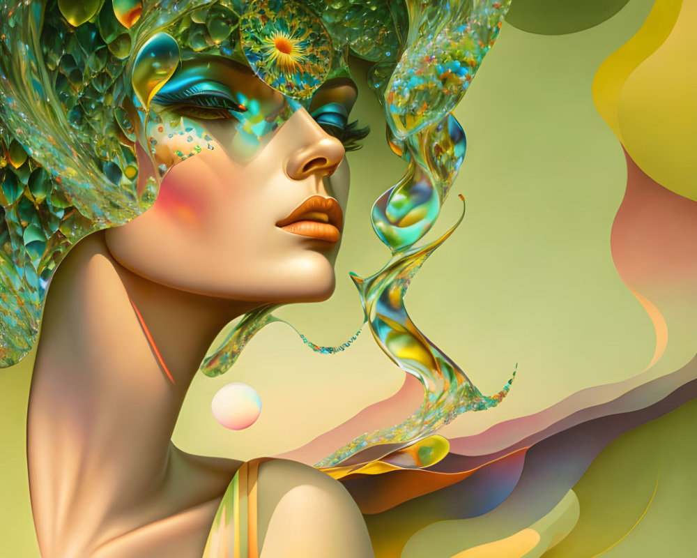 Vibrant surreal female portrait with peacock-like textures