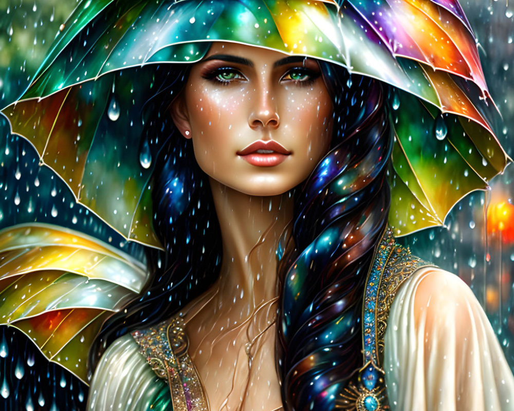 Digital artwork: Woman with long hair and colorful umbrella in rain with water droplets & bokeh effect