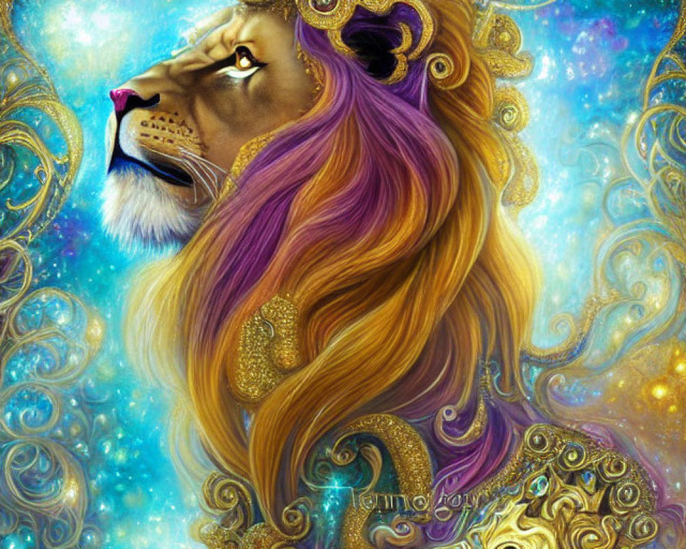 Majestic lion with vibrant golden swirls on celestial blue background