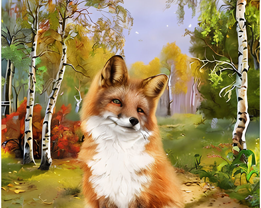 Colorful woodland painting featuring adult and young foxes in autumnal setting