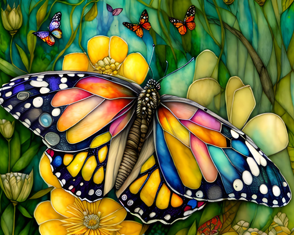 Colorful Butterfly Digital Painting with Yellow, Blue, and Red Wings resting on Flowers