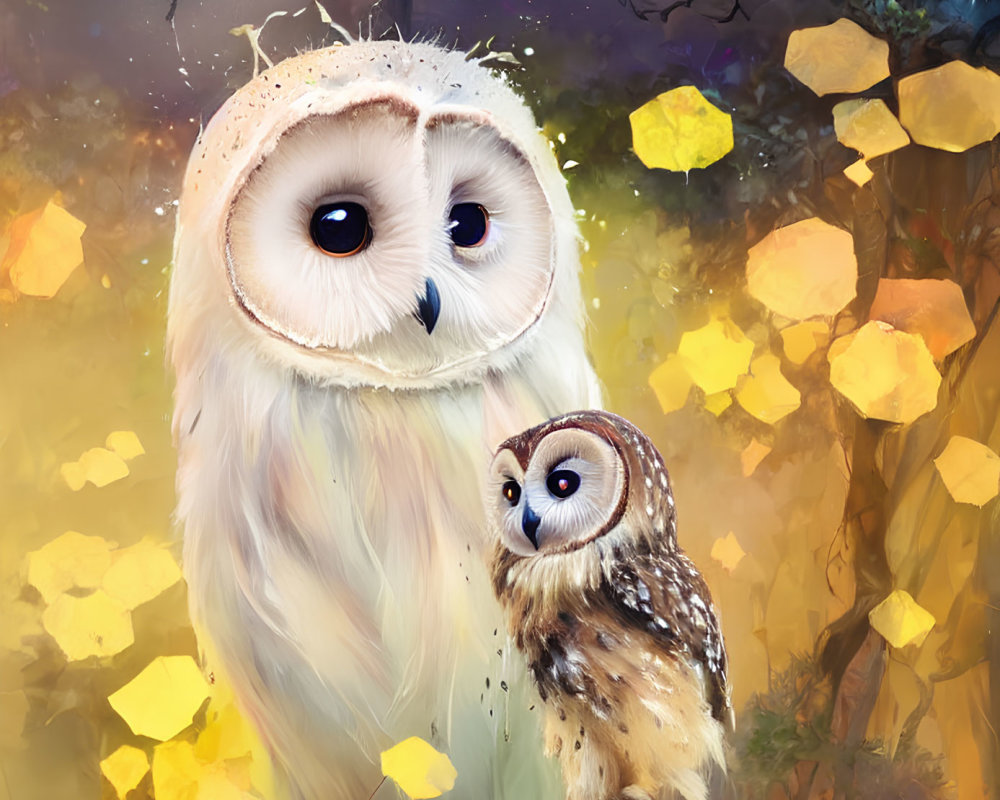 Whimsical illustration of fluffy white and brown owls in a misty forest