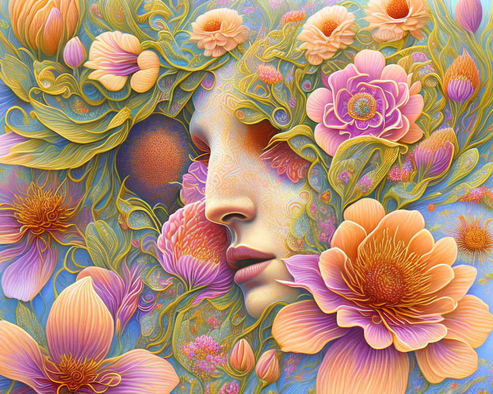 Detailed illustration of woman's face with stylized flowers and patterns