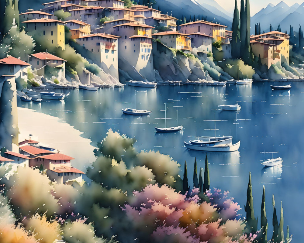 Scenic lakeside village with boats, mountains, trees, and flowers