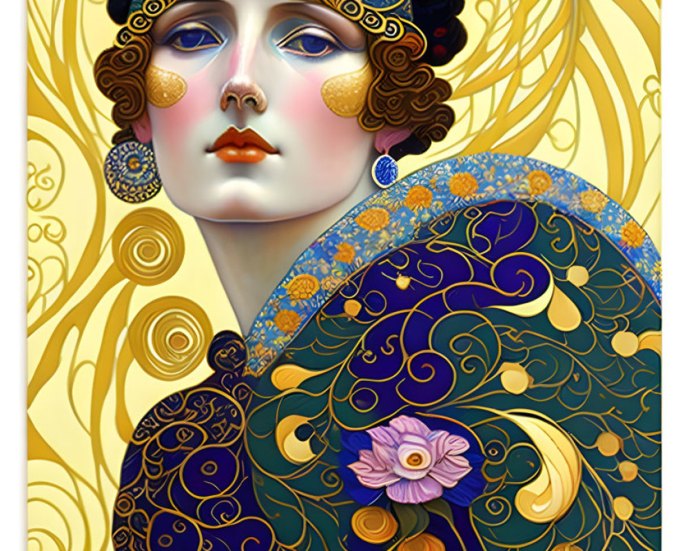 Art Nouveau Woman Illustration with Ornate Headdress & Floral Patterns