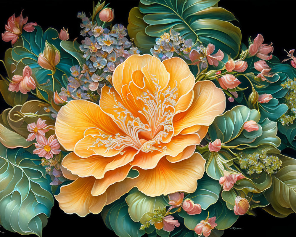 Detailed digital painting of vibrant orange flower in lush greenery