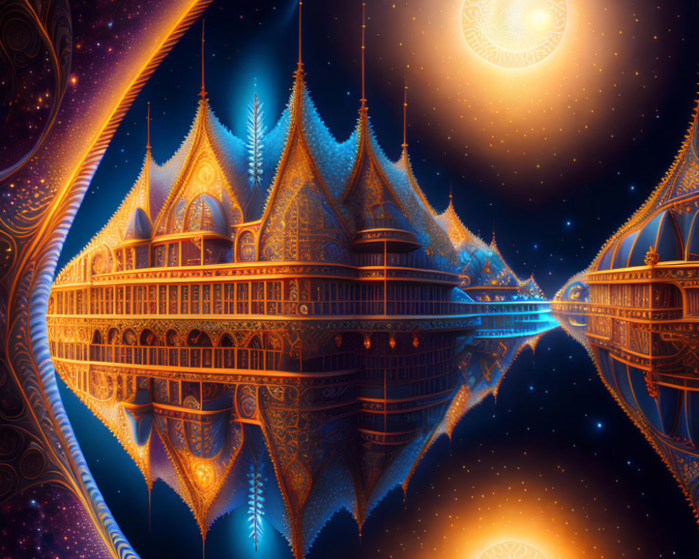 Glowing palace in cosmic setting with fractal patterns