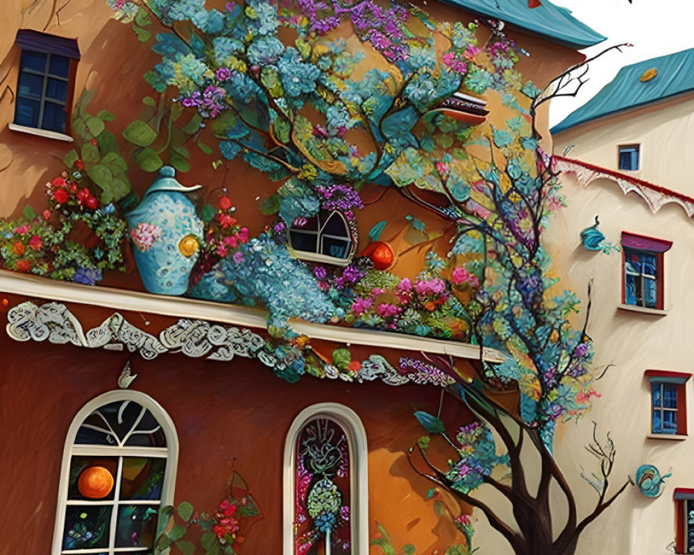 Colorful House Illustration with Flowers, Teapots, and Butterflies