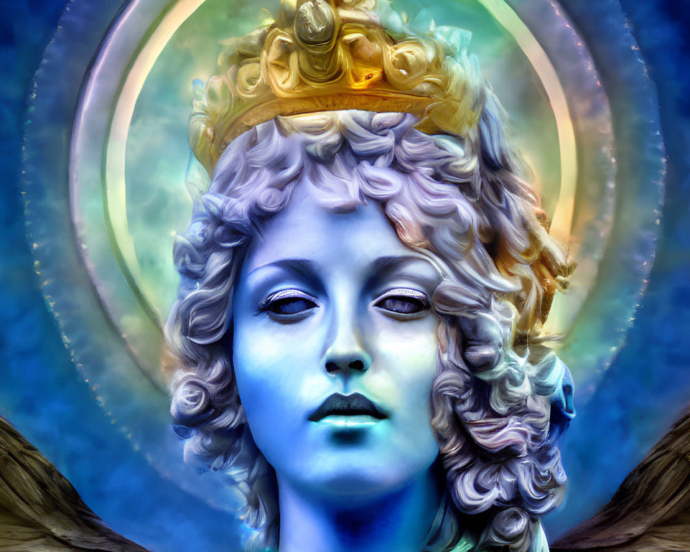 Digitally-rendered angelic figure with blue skin and golden crown surrounded by luminescent wings.