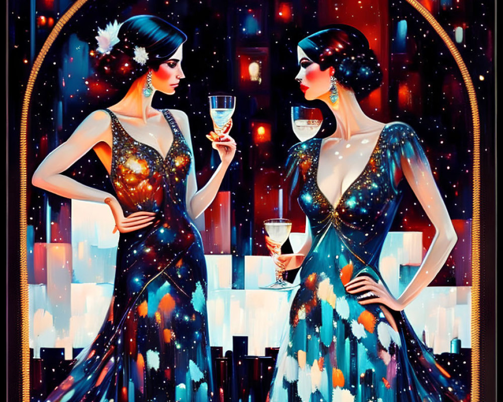 Two women in sparkling gowns with champagne, city lights backdrop