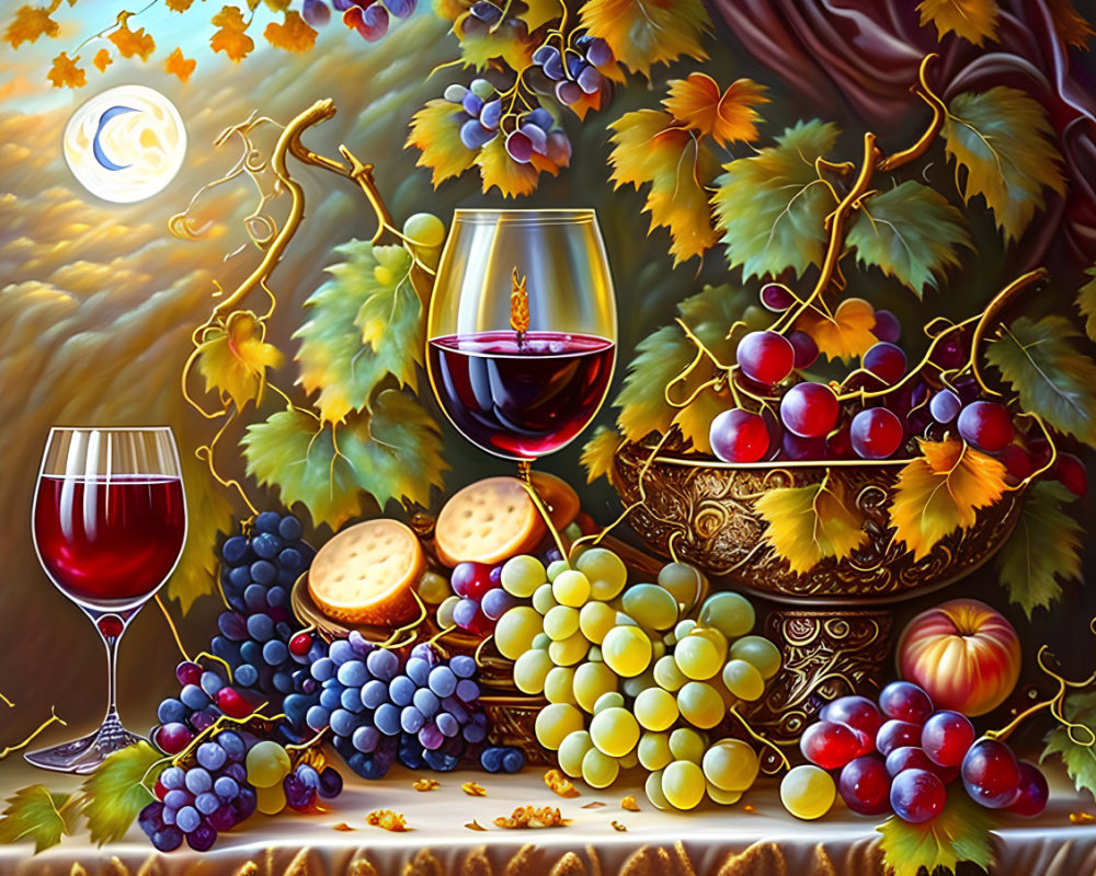 Still Life Painting: Grapes, Wine, Apples, Crackers, and Moon