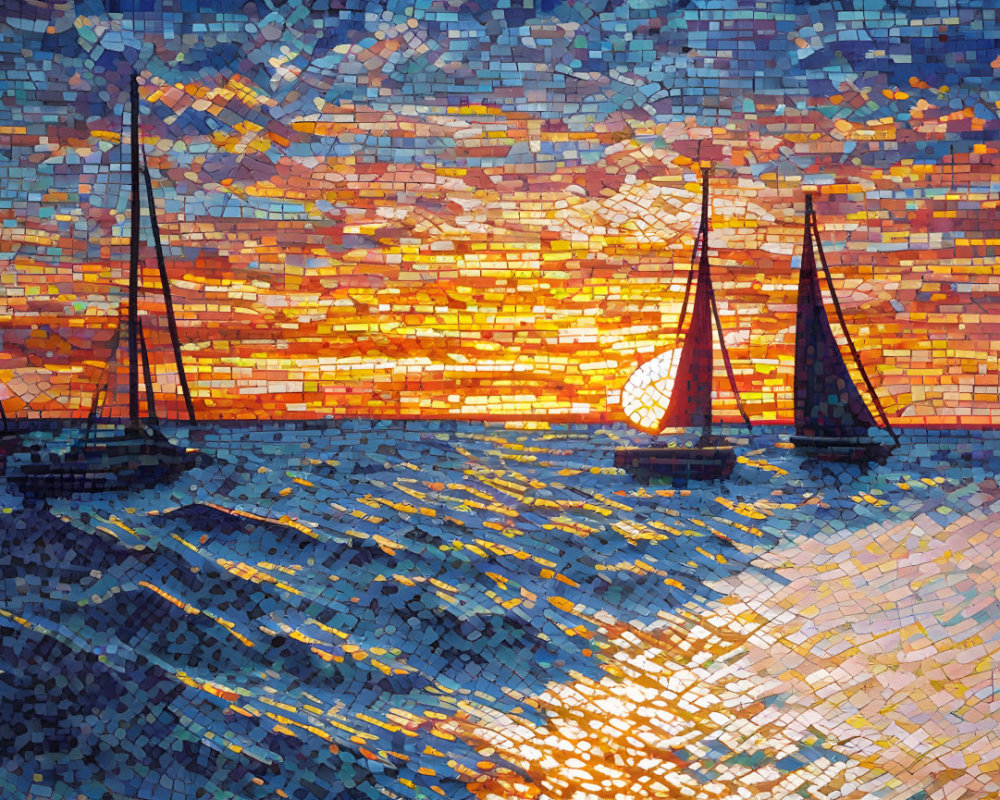 Colorful sunset sailboats mosaic artwork on rippling water