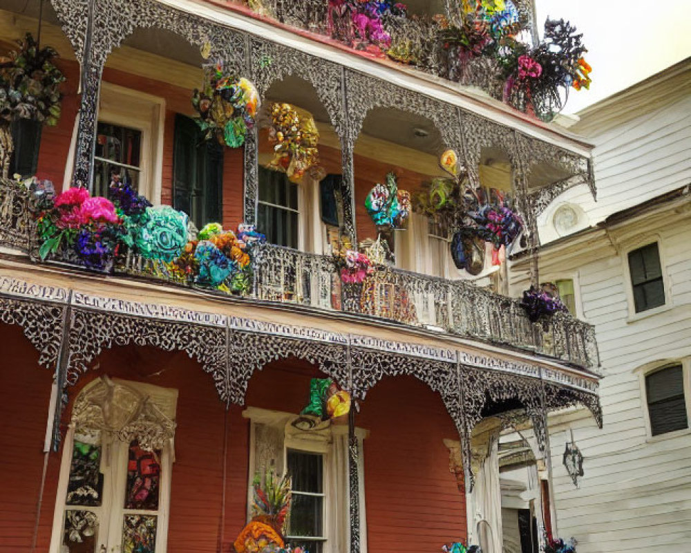 Three-story Victorian building with ornate iron balconies and colorful floral decorations