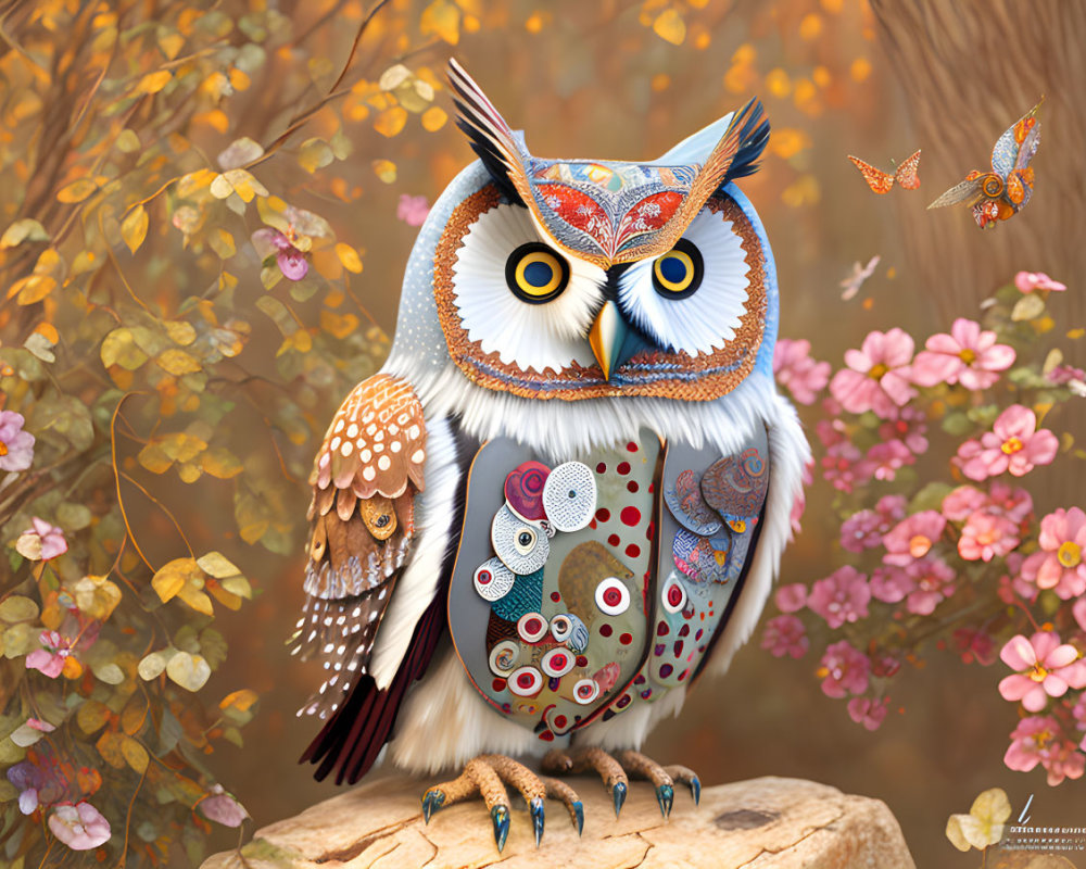 Intricately patterned owl with buttons, perched on stone amidst butterflies and flowers