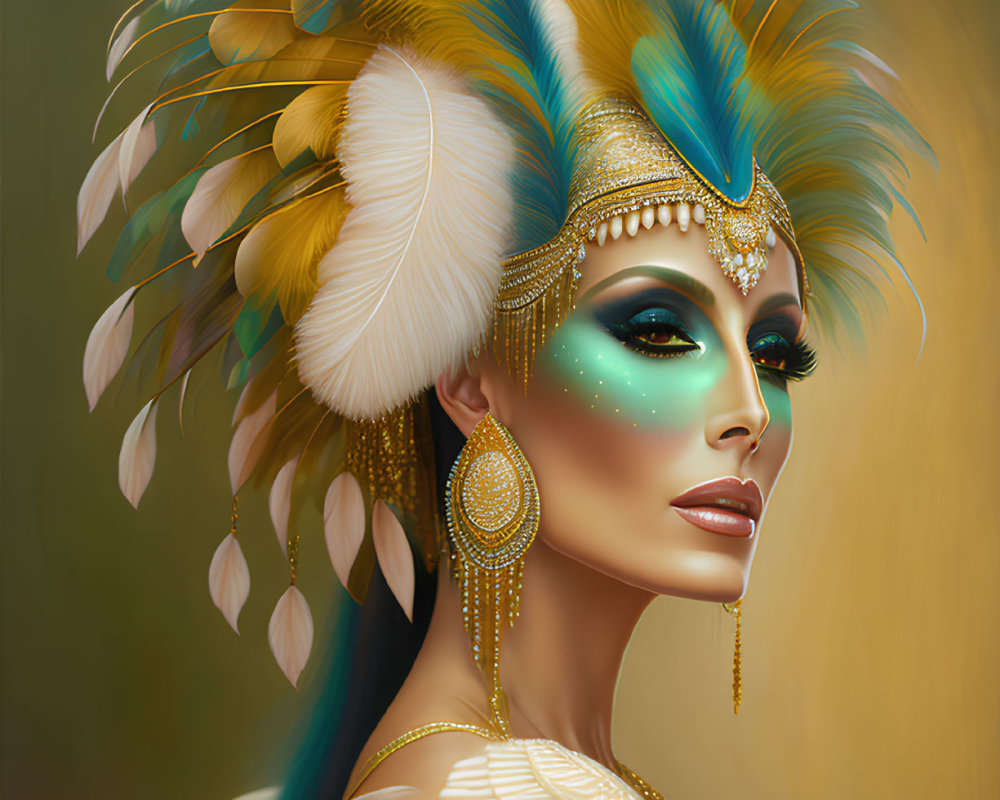 Luxurious feather headdress on woman with gold and teal accents