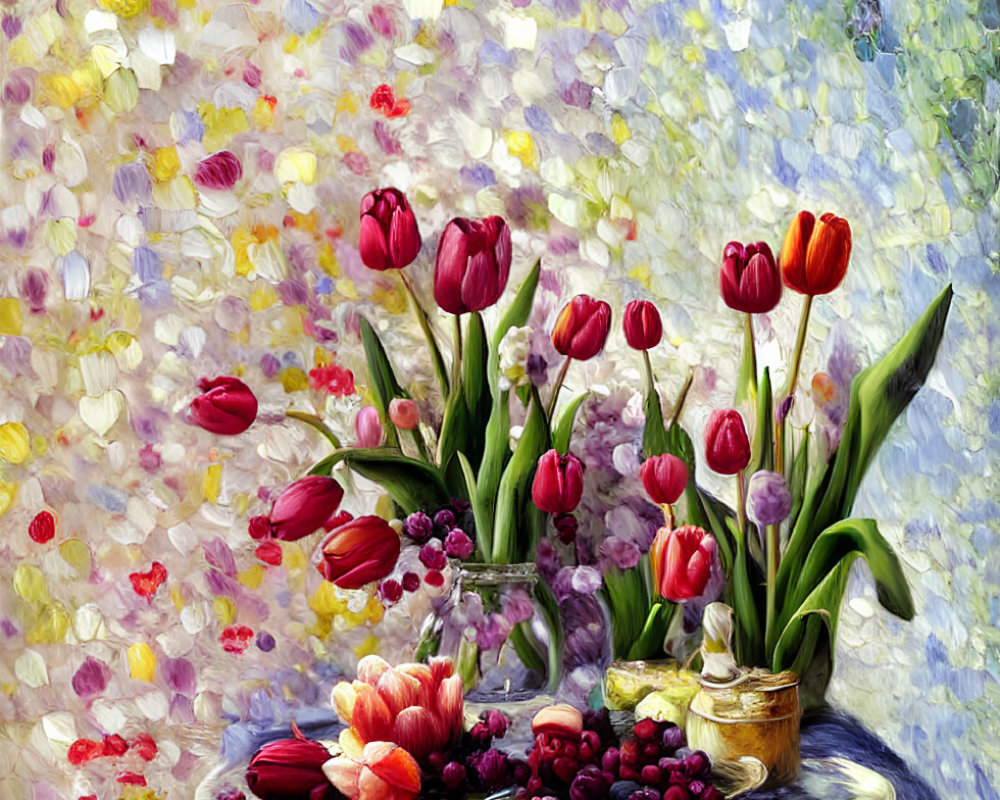 Vibrant red and pink tulips in clear vase on reflective table - Impressionist-style floral