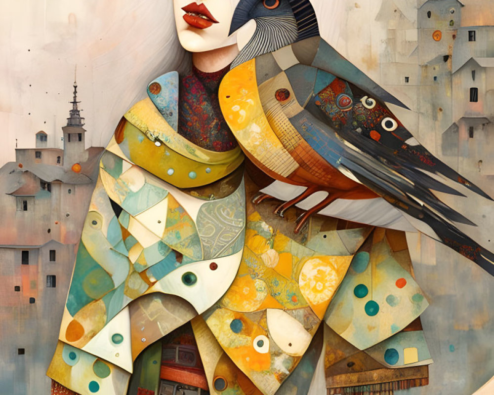 Stylized portrait of woman with white hair in vibrant, geometric clothing embracing ornate bird among whims