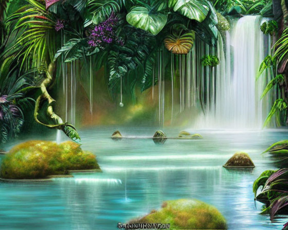 Tranquil Tropical Waterfall in Lush Greenery