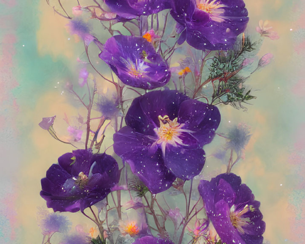 Vibrant Purple Flowers on Branches Against Pastel Background