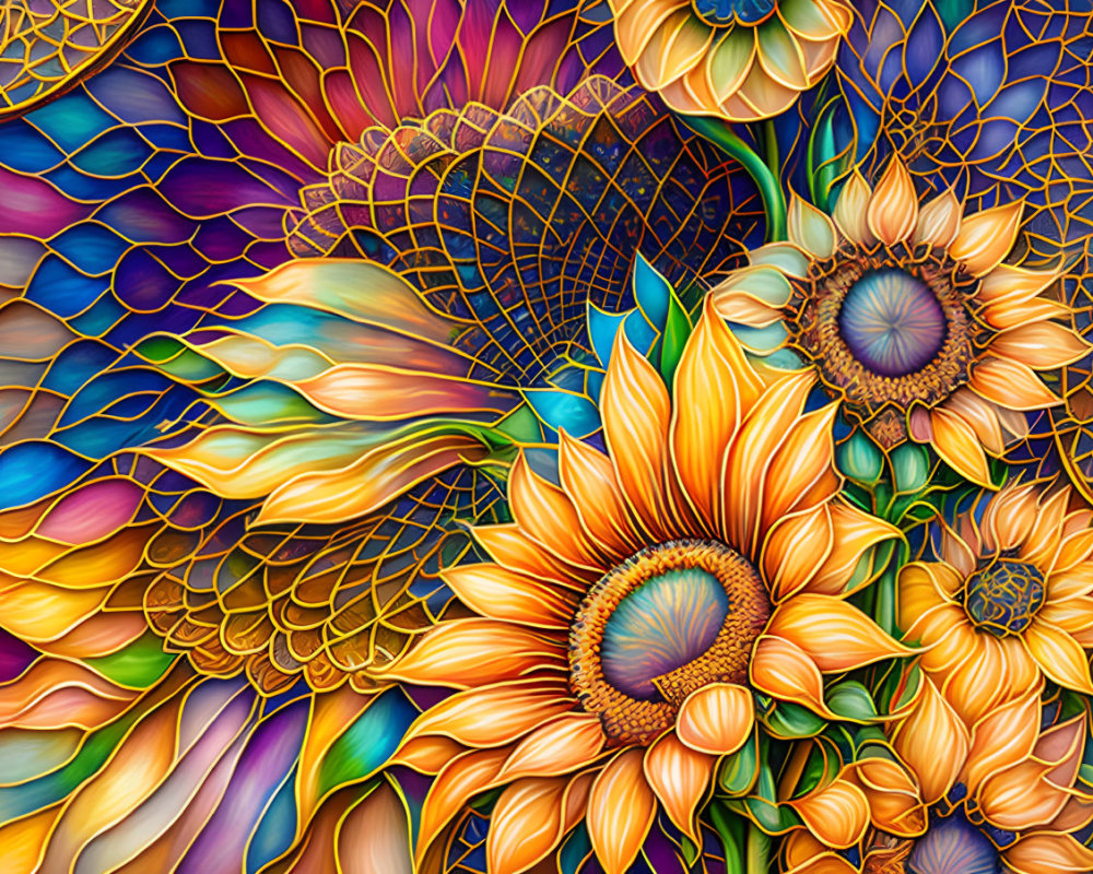 Colorful Stained Glass Style Illustration of Vibrant Flowers and Abstract Patterns