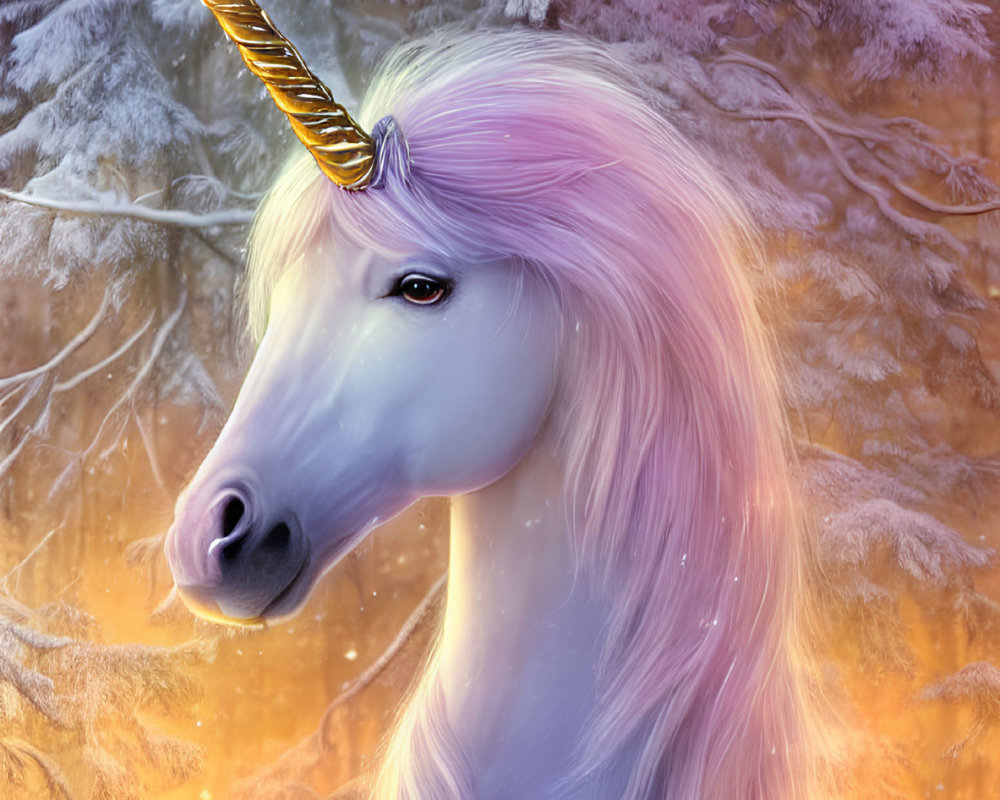 Majestic unicorn with golden horn in frosty forest landscape