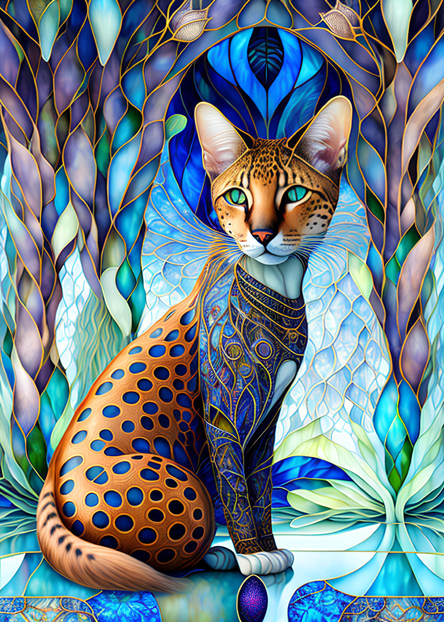 Colorful Stylized Cat Illustration with Blue Mosaic Background