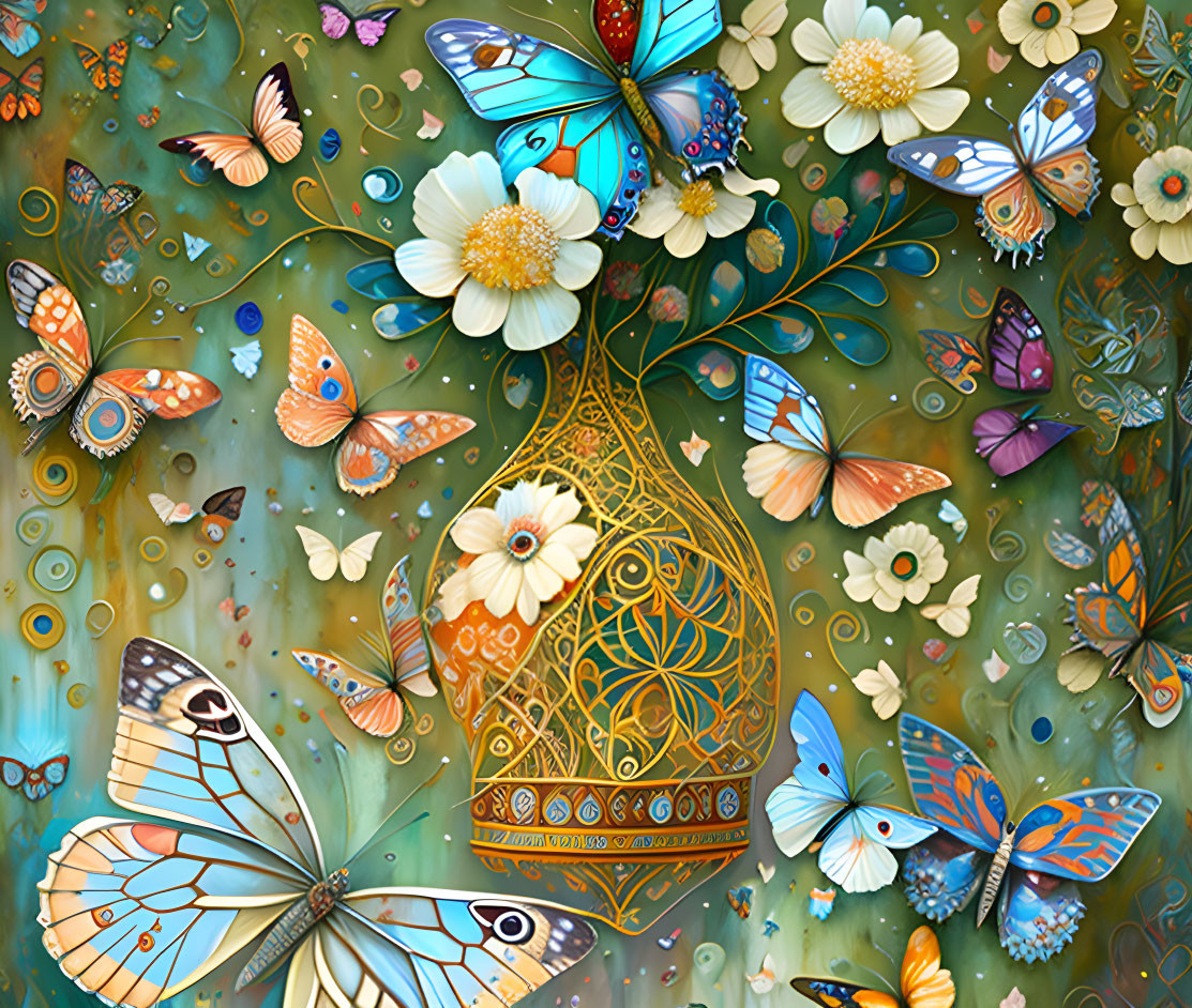 Golden vase with intricate patterns and colorful butterflies among floral blooms