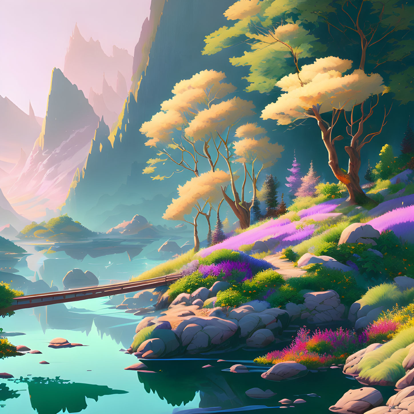 Fantasy landscape with serene lake, vibrant flora, golden trees, and sharp mountain peaks