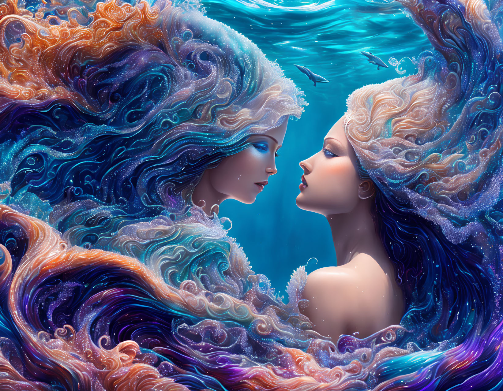 Ethereal female figures with colorful ocean wave hair on vibrant blue background