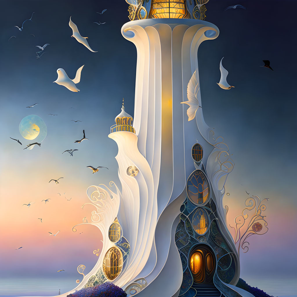 Tall whimsical tower with ornate details in twilight sky