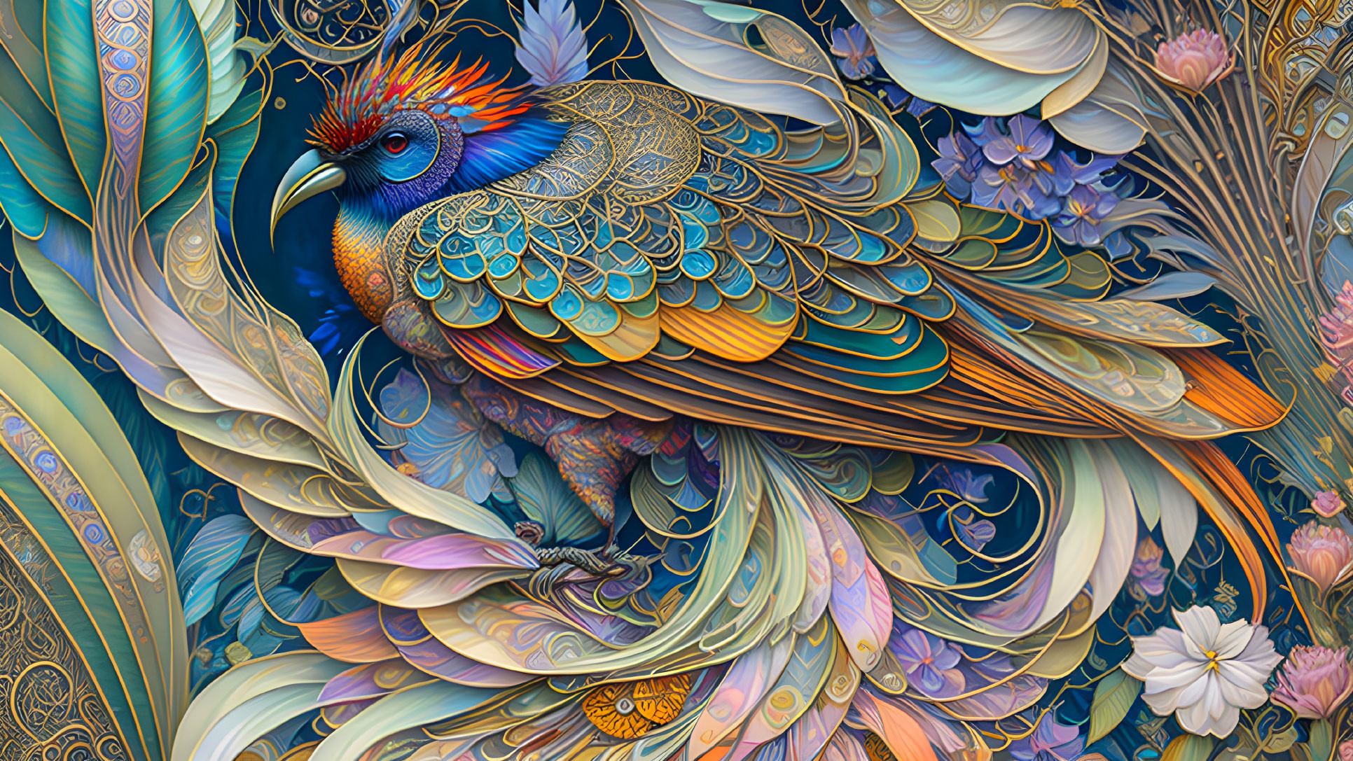 Colorful bird illustration with intricate patterns in blue, orange, and gold on detailed flora background