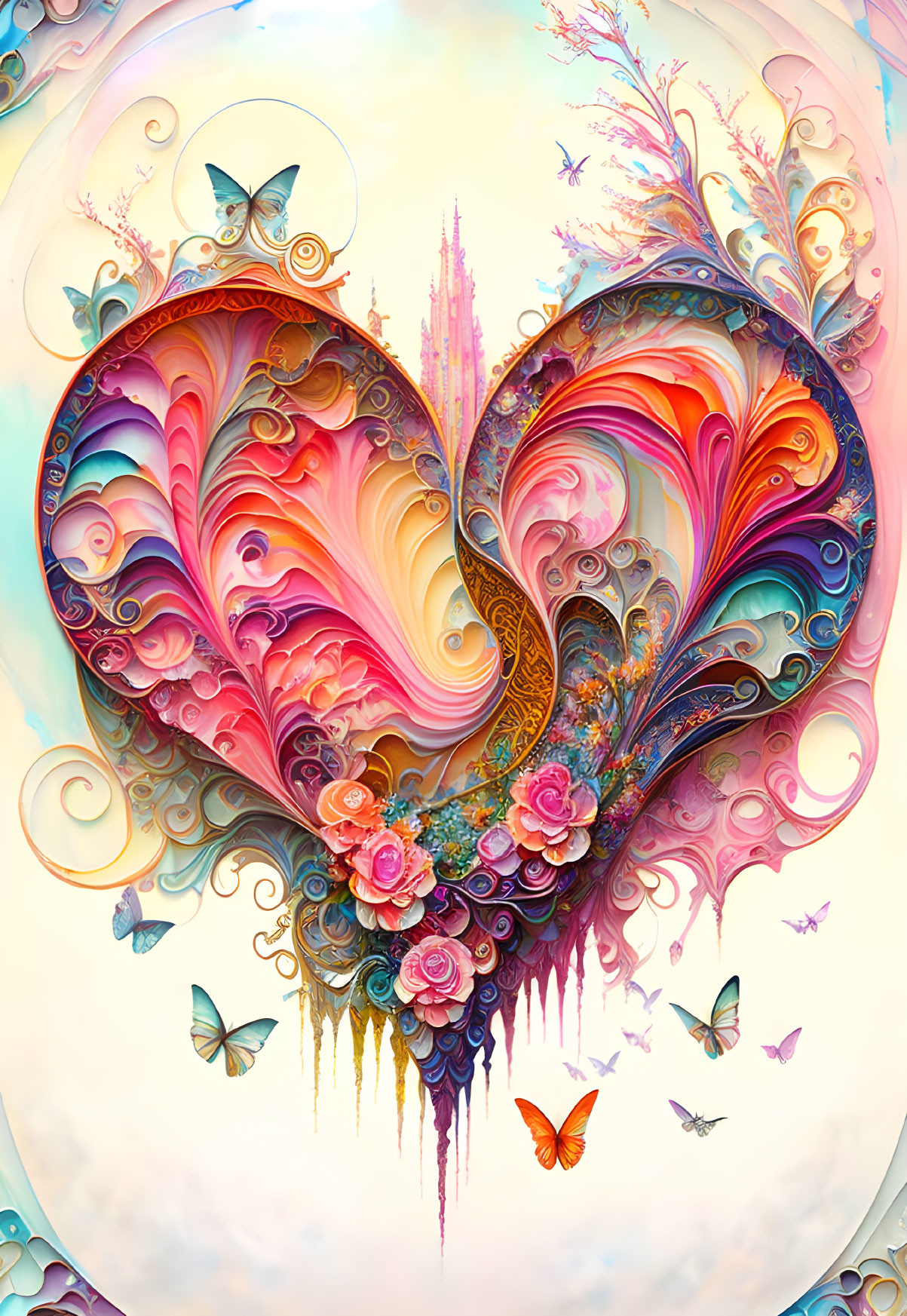 Colorful Heart with Butterflies, Flowers, and Fantasy Castle on Pastel Background