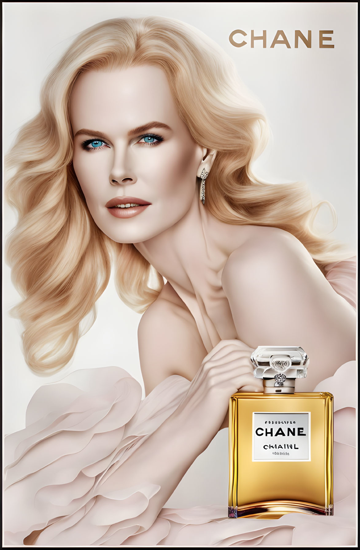 Elegant perfume ad: Woman with blue eyes and blonde hair.