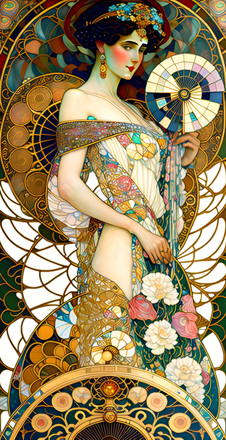 Art Nouveau Woman Illustration with Floral Patterns and Gold Detailing