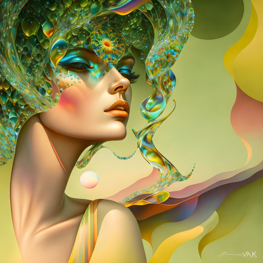 Vibrant surreal female portrait with peacock-like textures