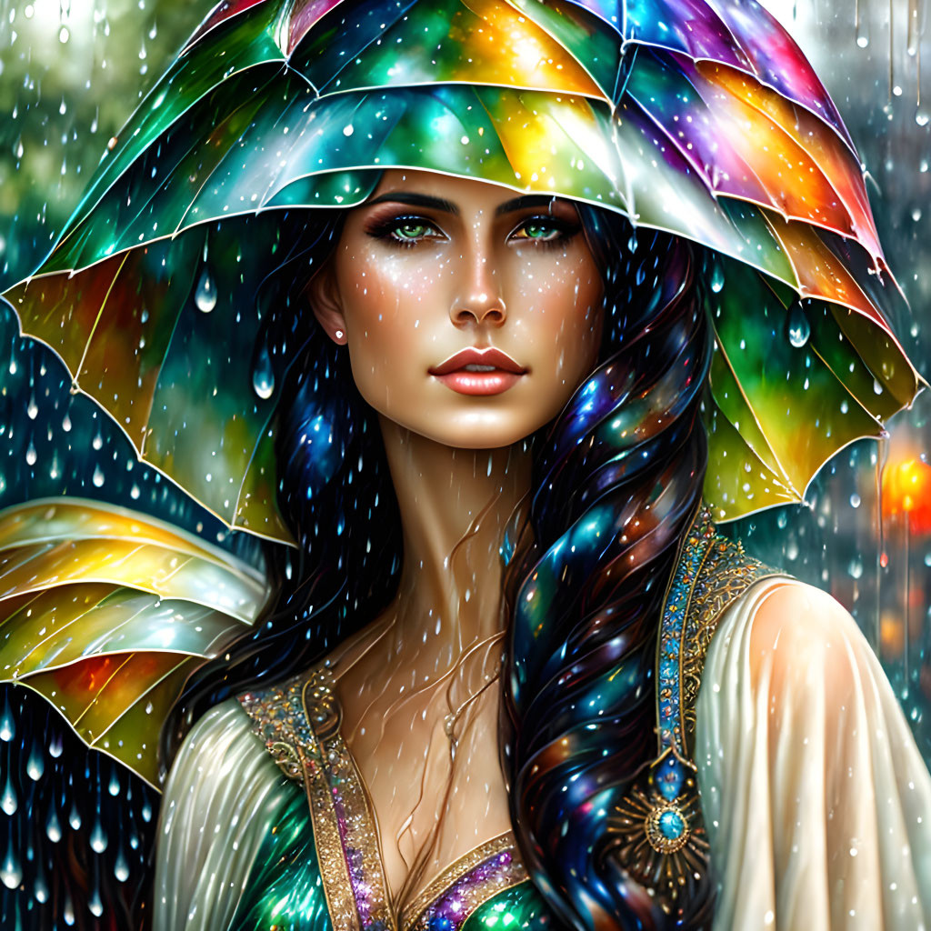 Digital artwork: Woman with long hair and colorful umbrella in rain with water droplets & bokeh effect