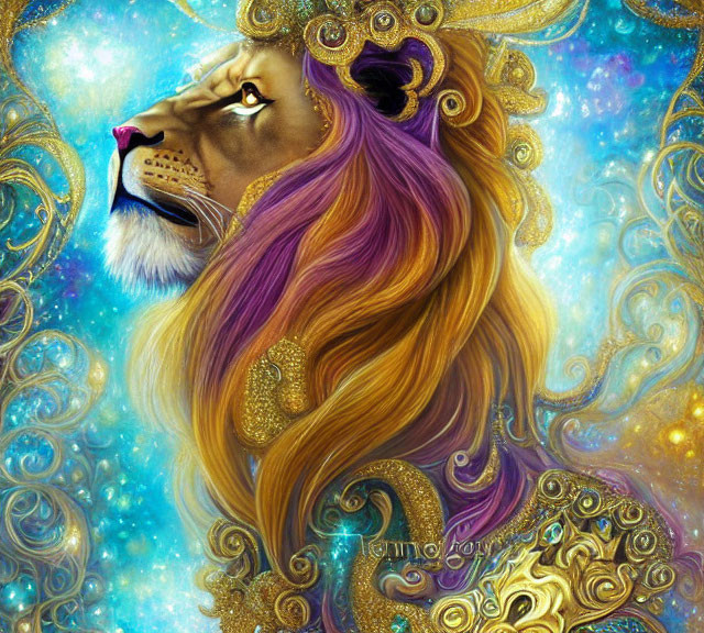 Majestic lion with vibrant golden swirls on celestial blue background