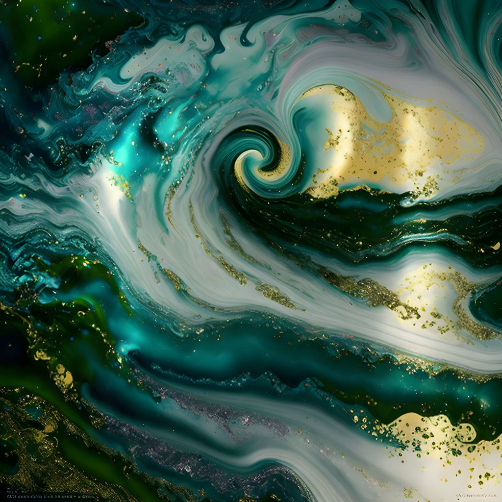 Abstract Emerald Green and Gold Swirl with Marbled Effect