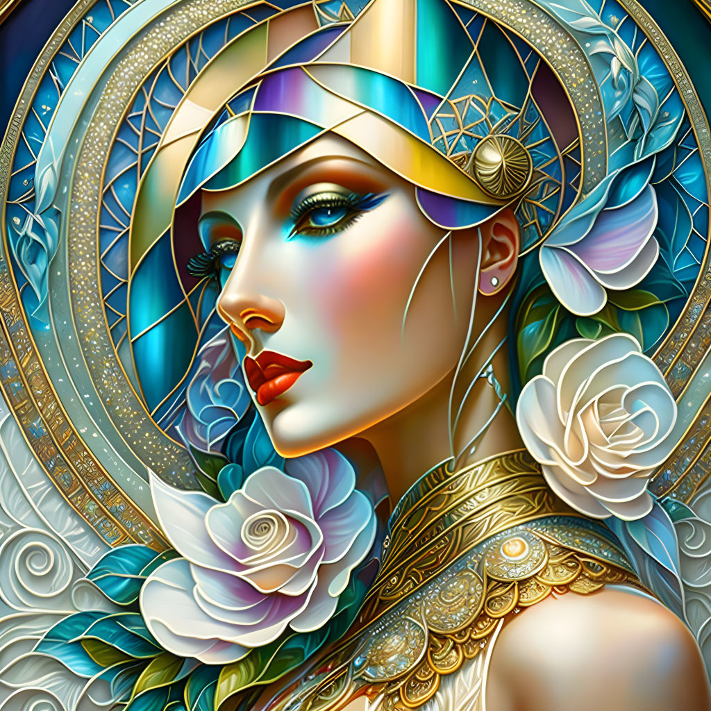 Colorful Art Nouveau Woman with Golden Adornments and Floral Motifs