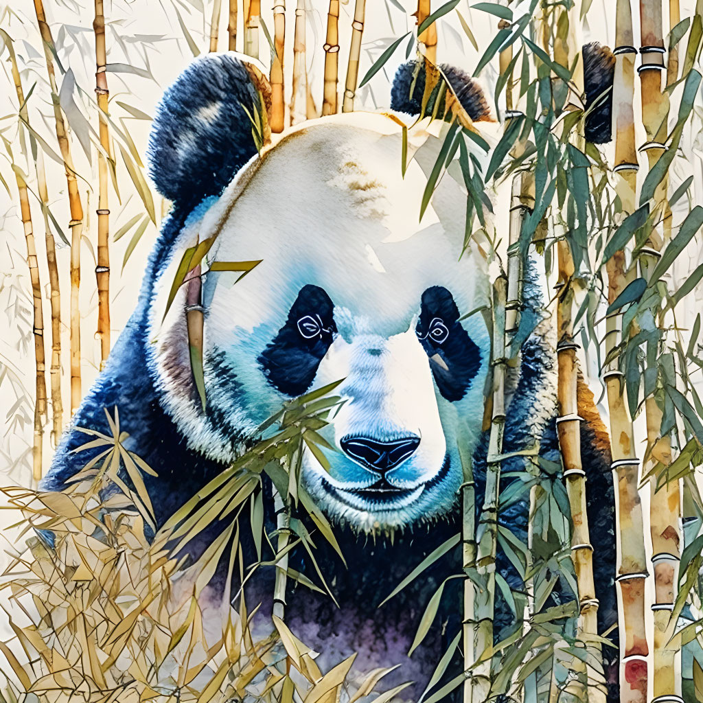 Watercolor illustration of panda in bamboo with serene expression